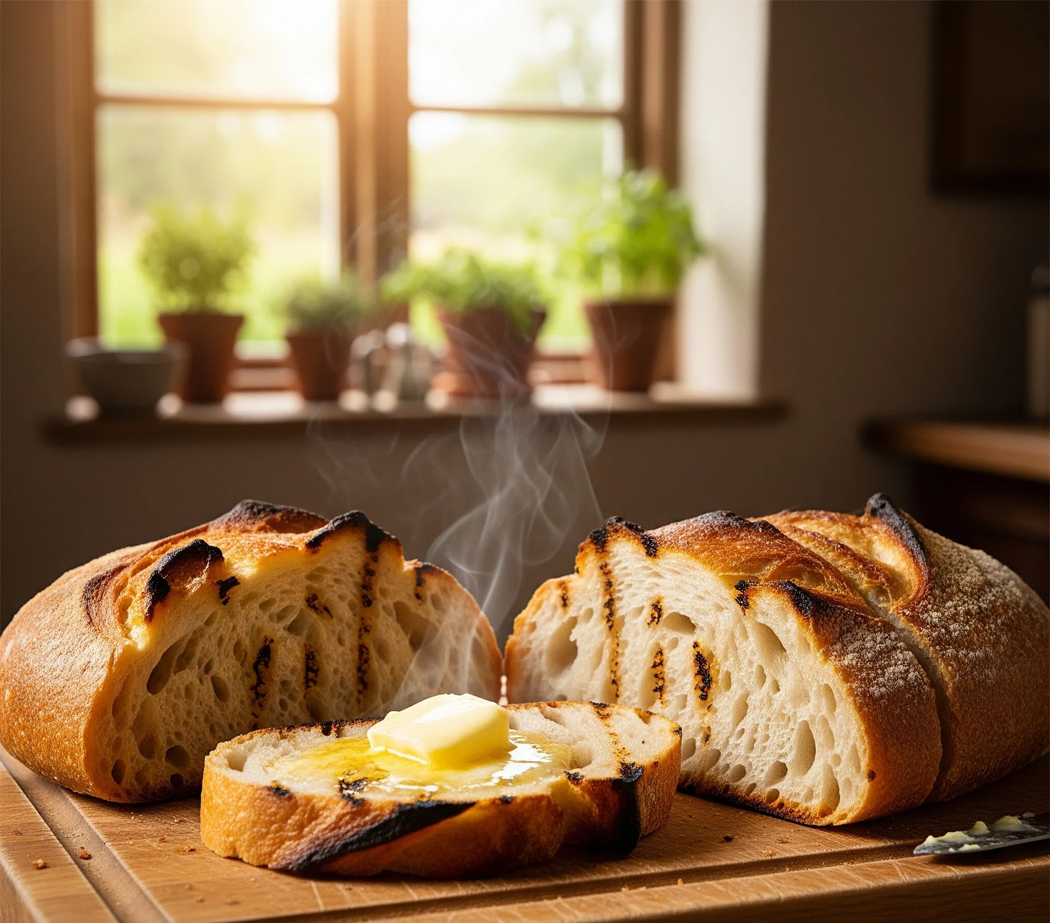 Tranches de pain de campagne grillé maison, croustillantes et dorées, servies sur une planche en bois rustique