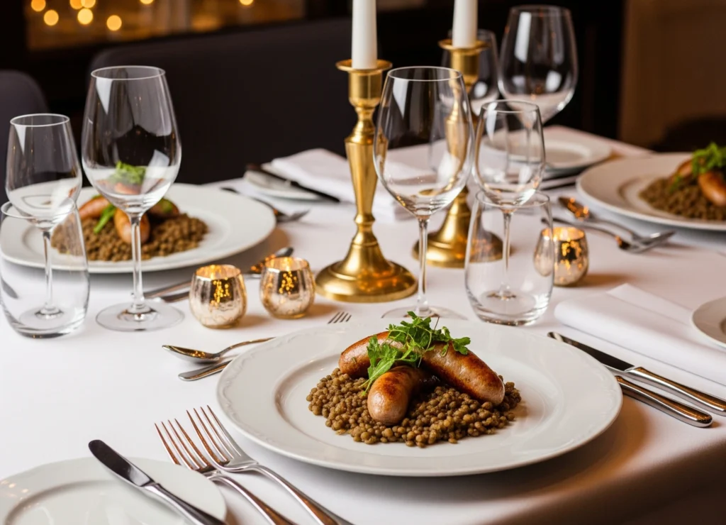 Recette Saucisse Lentilles servie élégamment sur une table raffinée, plat traditionnel français gourmand et complet