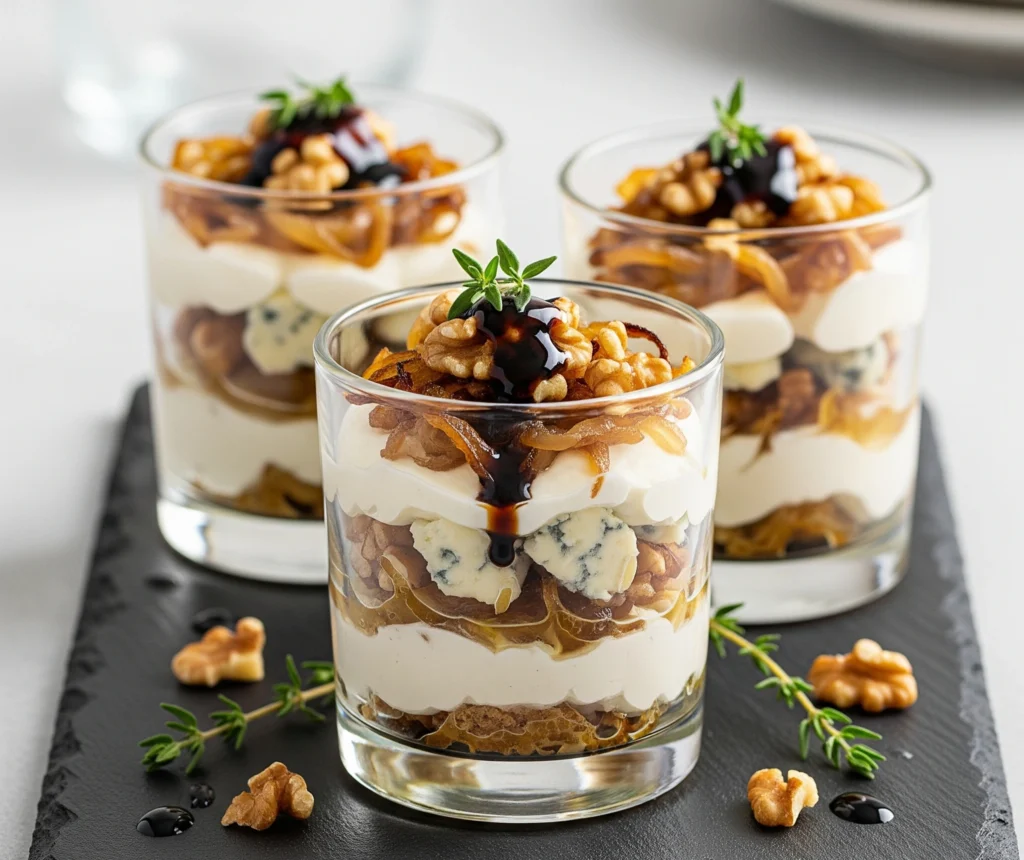 Tiramisu salé chic au fromage bleu, noix croquantes et thym frais